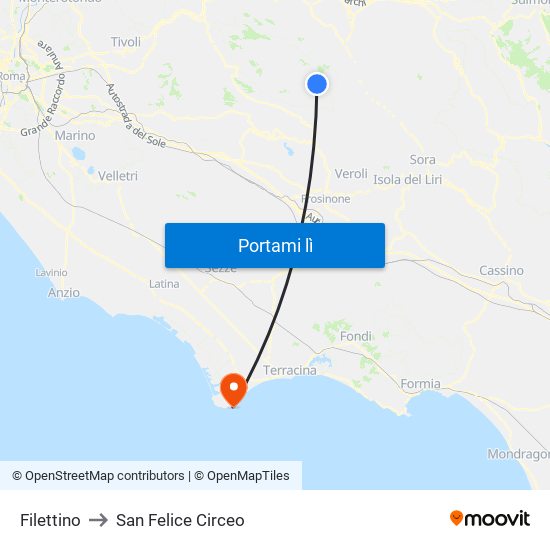 Filettino to San Felice Circeo map