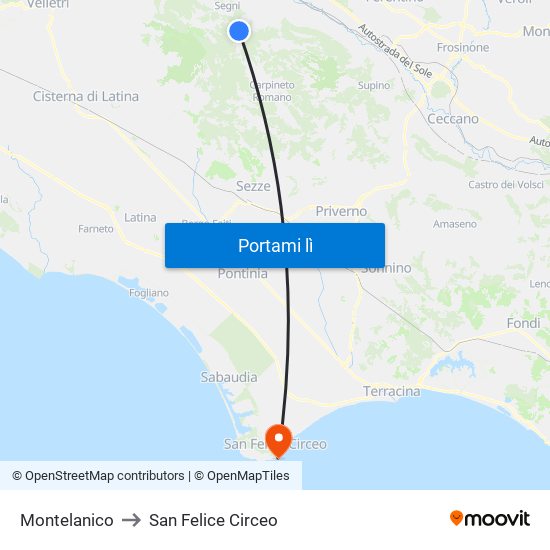 Montelanico to San Felice Circeo map