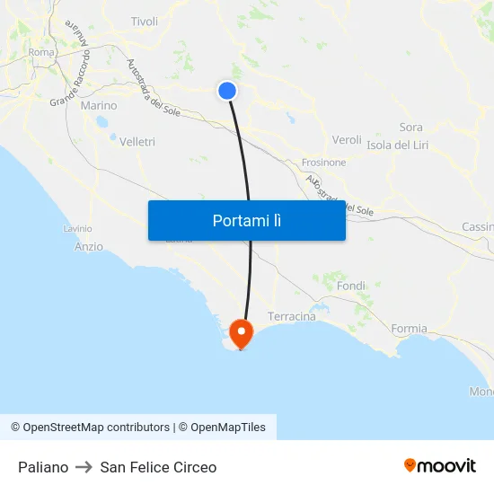Paliano to San Felice Circeo map