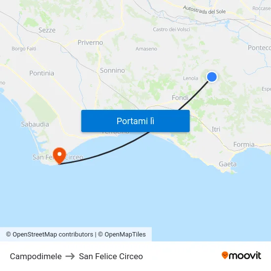 Campodimele to San Felice Circeo map