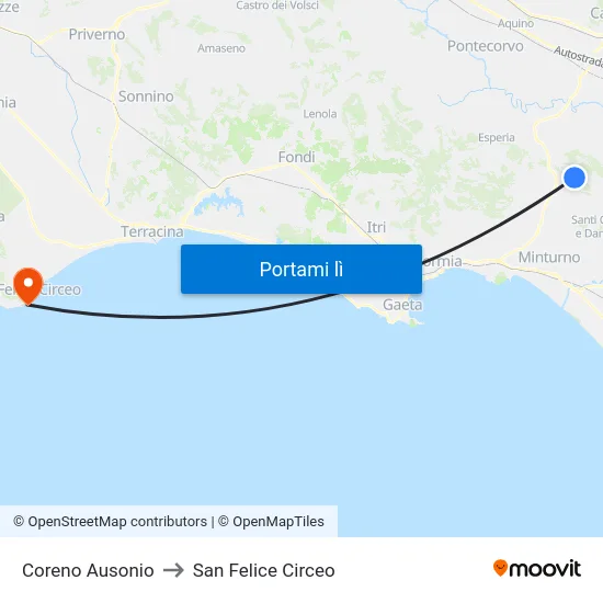 Coreno Ausonio to San Felice Circeo map