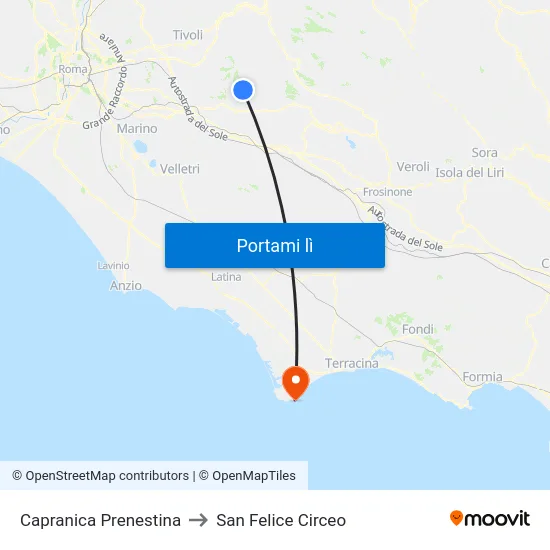 Capranica Prenestina to San Felice Circeo map