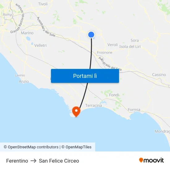 Ferentino to San Felice Circeo map