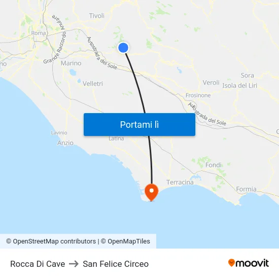 Rocca Di Cave to San Felice Circeo map