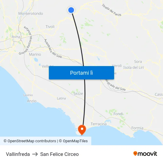 Vallinfreda to San Felice Circeo map