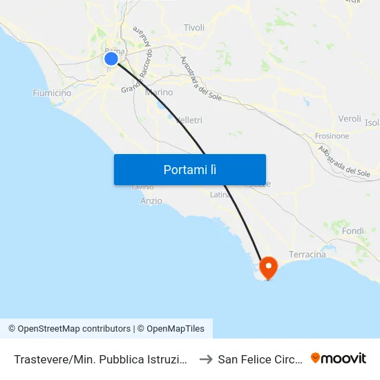 Trastevere/Min. Pubblica Istruzione to San Felice Circeo map