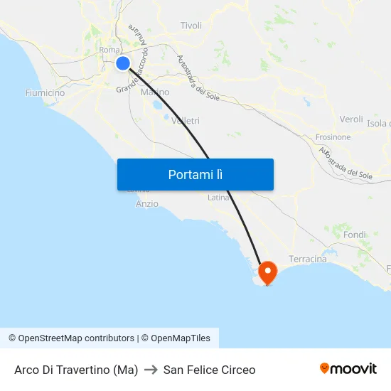 Arco Di Travertino (Ma) to San Felice Circeo map