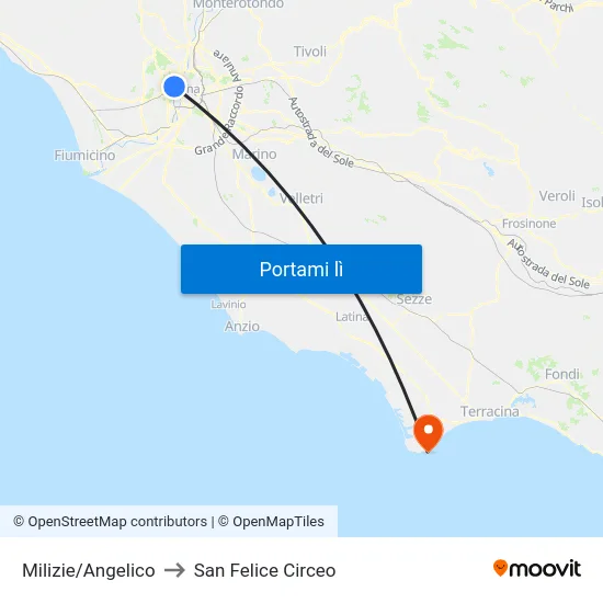 Milizie/Angelico to San Felice Circeo map
