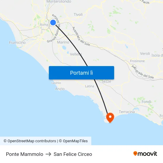 Ponte Mammolo to San Felice Circeo map