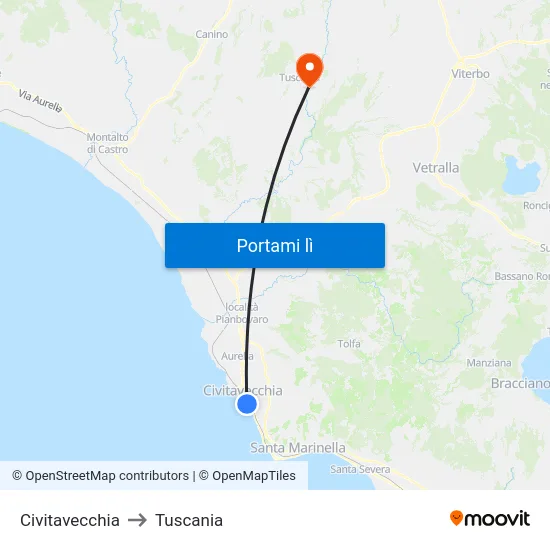 Civitavecchia to Tuscania map
