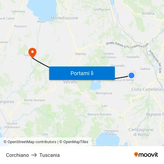 Corchiano to Tuscania map