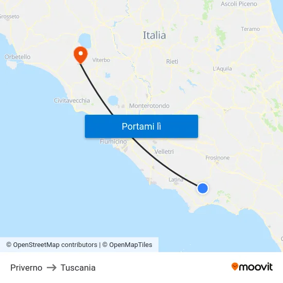 Priverno to Tuscania map
