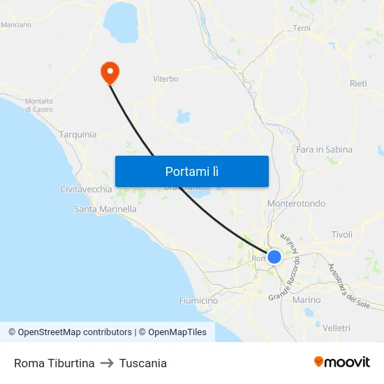 Roma Tiburtina to Tuscania map