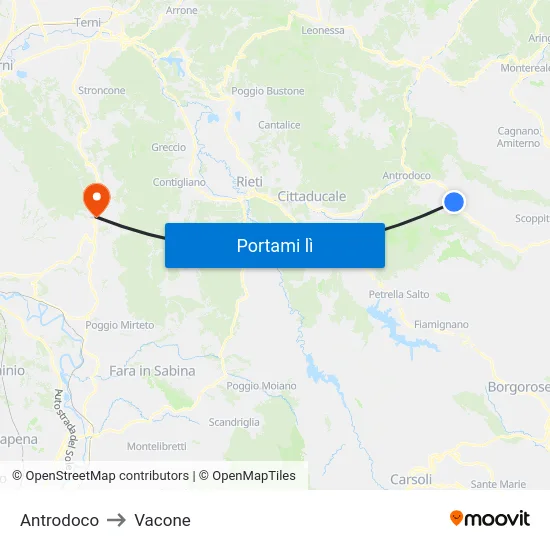Antrodoco to Vacone map