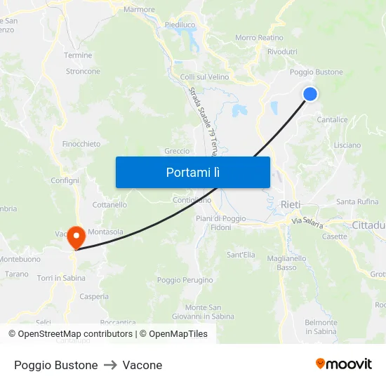 Poggio Bustone to Vacone map