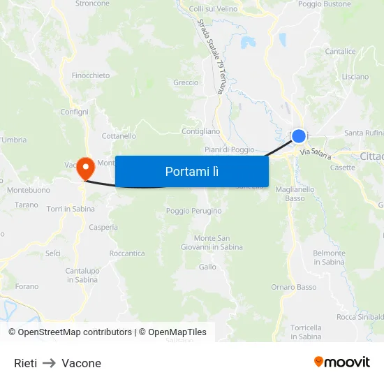 Rieti to Vacone map