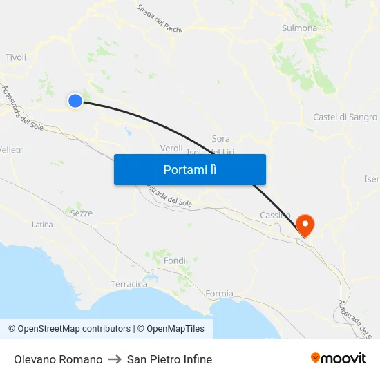 Olevano Romano to San Pietro Infine map