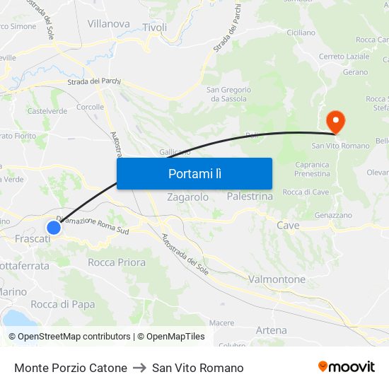 Monte Porzio Catone to San Vito Romano map