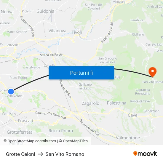 Grotte Celoni to San Vito Romano map