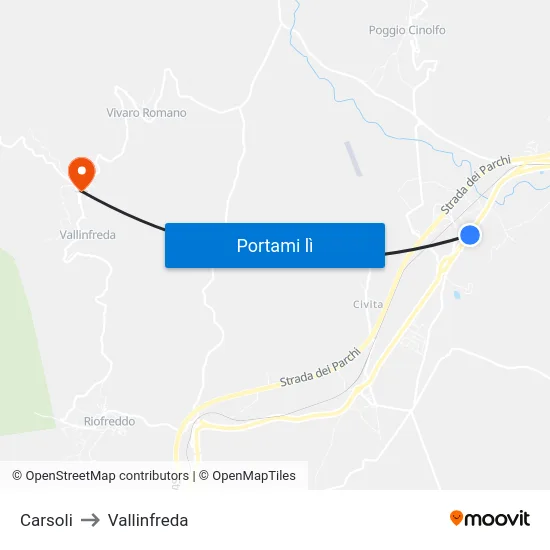 Carsoli to Vallinfreda map