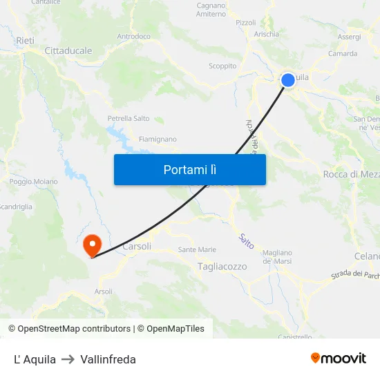 L' Aquila to Vallinfreda map