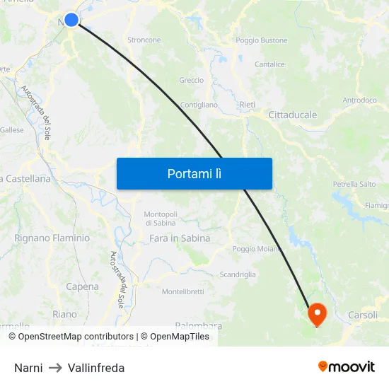 Narni to Vallinfreda map