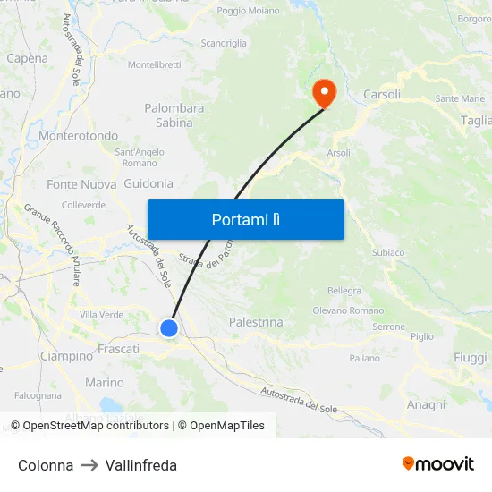 Colonna to Vallinfreda map