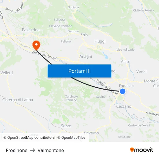 Frosinone to Valmontone map