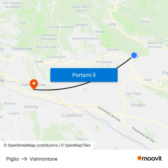 Piglio to Valmontone map