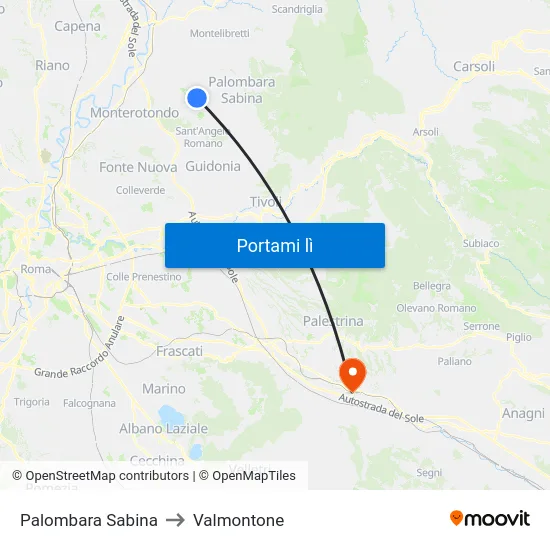 Palombara Sabina to Valmontone map