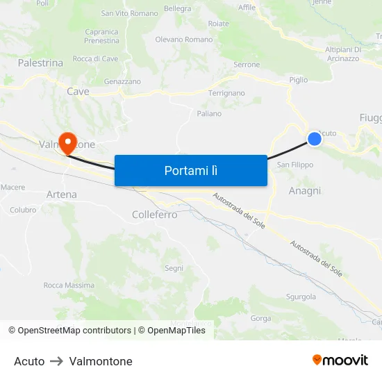 Acuto to Valmontone map
