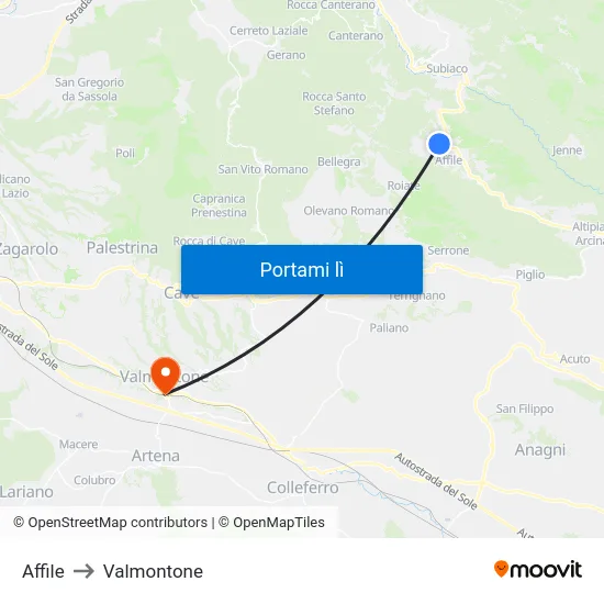 Affile to Valmontone map