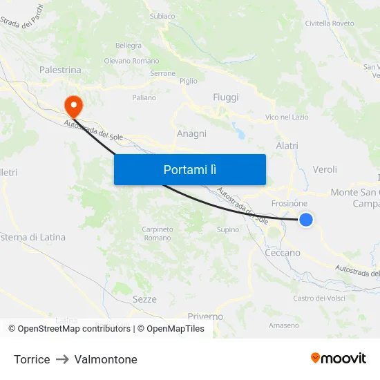 Torrice to Valmontone map