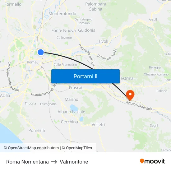 Roma Nomentana to Valmontone map
