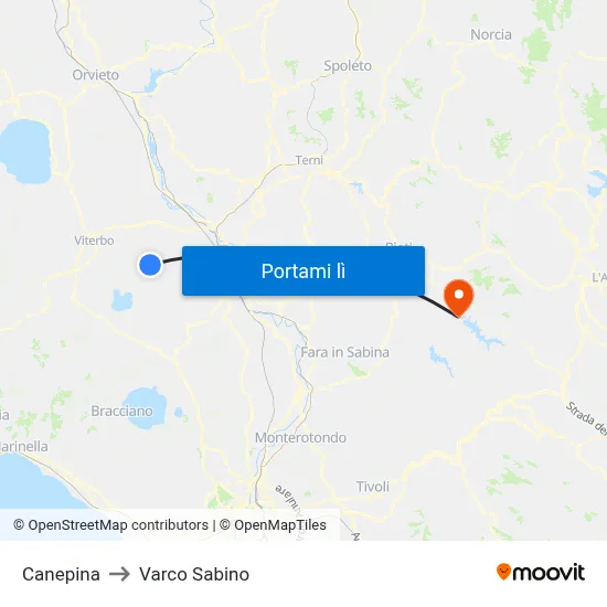 Canepina to Varco Sabino map