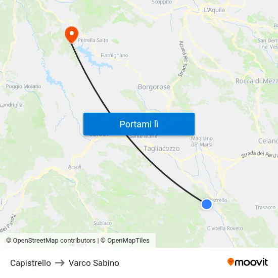 Capistrello to Varco Sabino map