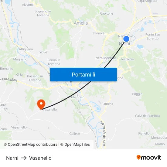 Narni to Vasanello map