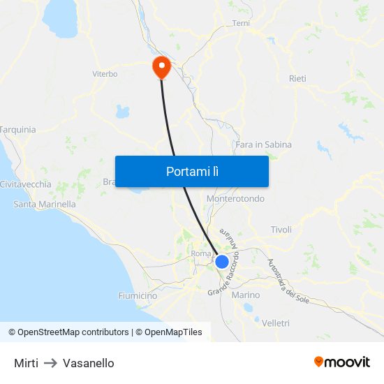 Mirti to Vasanello map