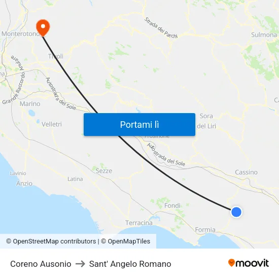 Coreno Ausonio to Sant' Angelo Romano map