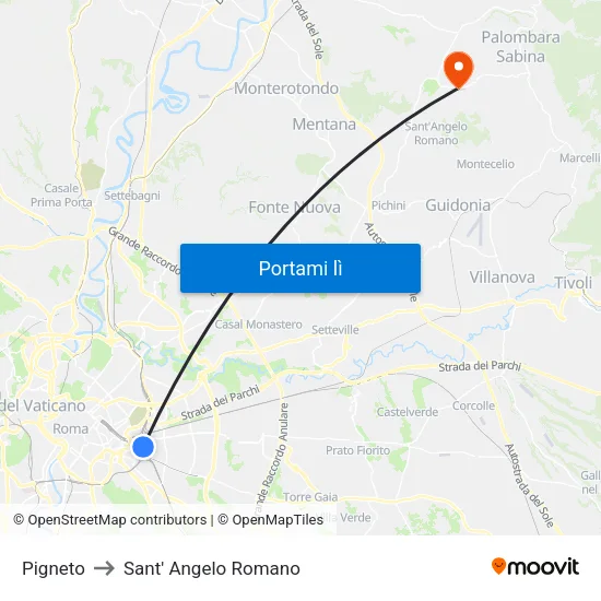 Pigneto to Sant' Angelo Romano map