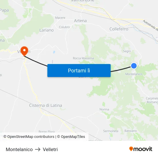 Montelanico to Velletri map