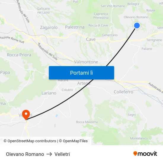 Olevano Romano to Velletri map