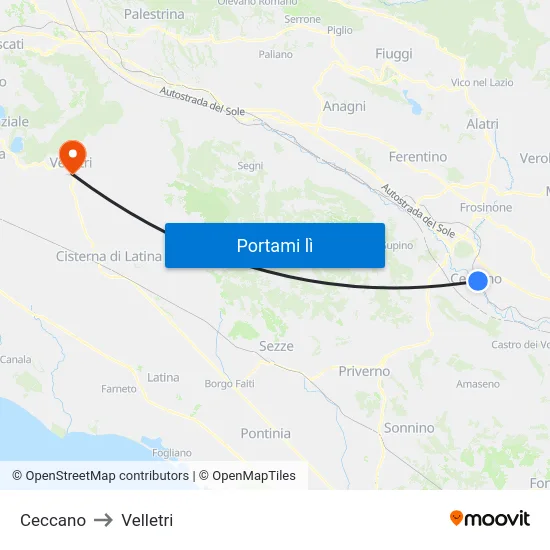 Ceccano to Velletri map