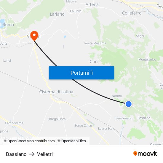 Bassiano to Velletri map