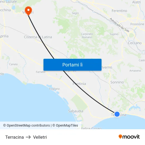 Terracina to Velletri map