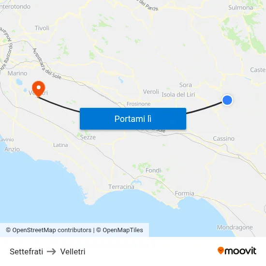 Settefrati to Velletri map