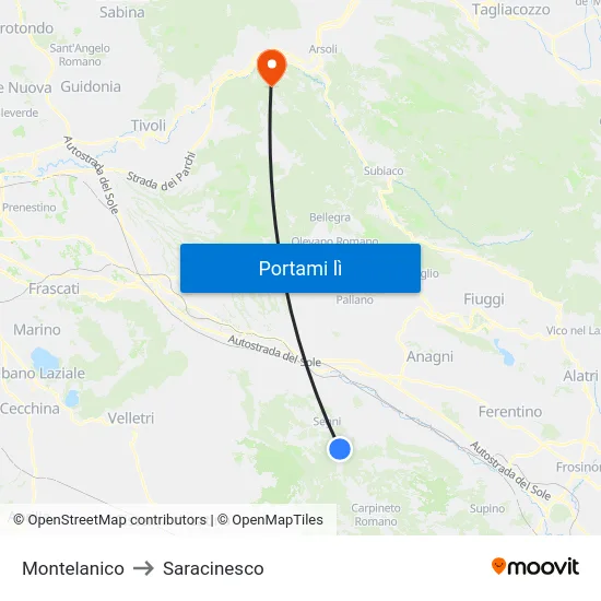 Montelanico to Saracinesco map