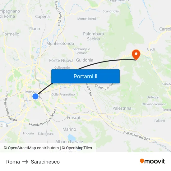 Roma to Saracinesco map