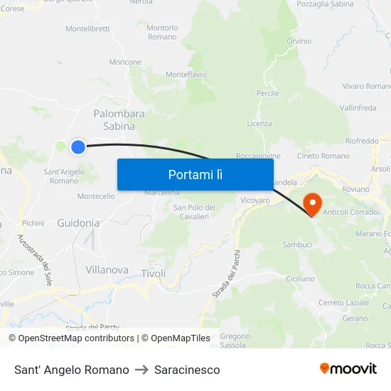 Sant' Angelo Romano to Saracinesco map