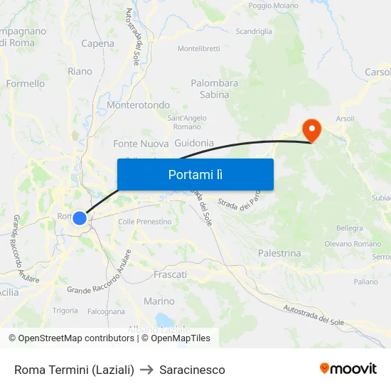 Roma Termini (Laziali) to Saracinesco map